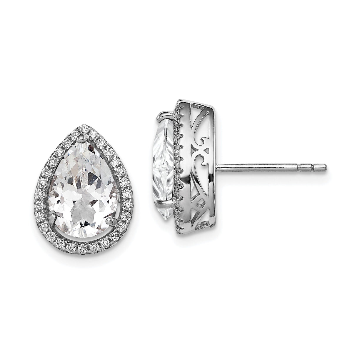 Sterling Silver Teardrop Stud Earrings for Women with Pear Shaped Cubic Zirconia Center, Halo Setting and Ornate Gallery Design, Elegant Bridal Jewelry for Weddings, Formal or Evening Wear