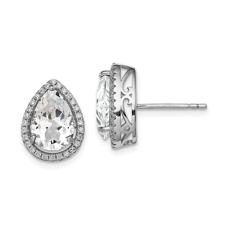 Sterling Silver Teardrop Stud Earrings for Women with Pear Shaped Cubic Zirconia Center, Halo Setting and Ornate Gallery Design, Elegant Bridal Jewelry for Weddings, Formal or Evening Wear