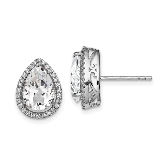 Sterling Silver Teardrop Stud Earrings for Women with Pear Shaped Cubic Zirconia Center, Halo Setting and Ornate Gallery Design, Elegant Bridal Jewelry for Weddings, Formal or Evening Wear