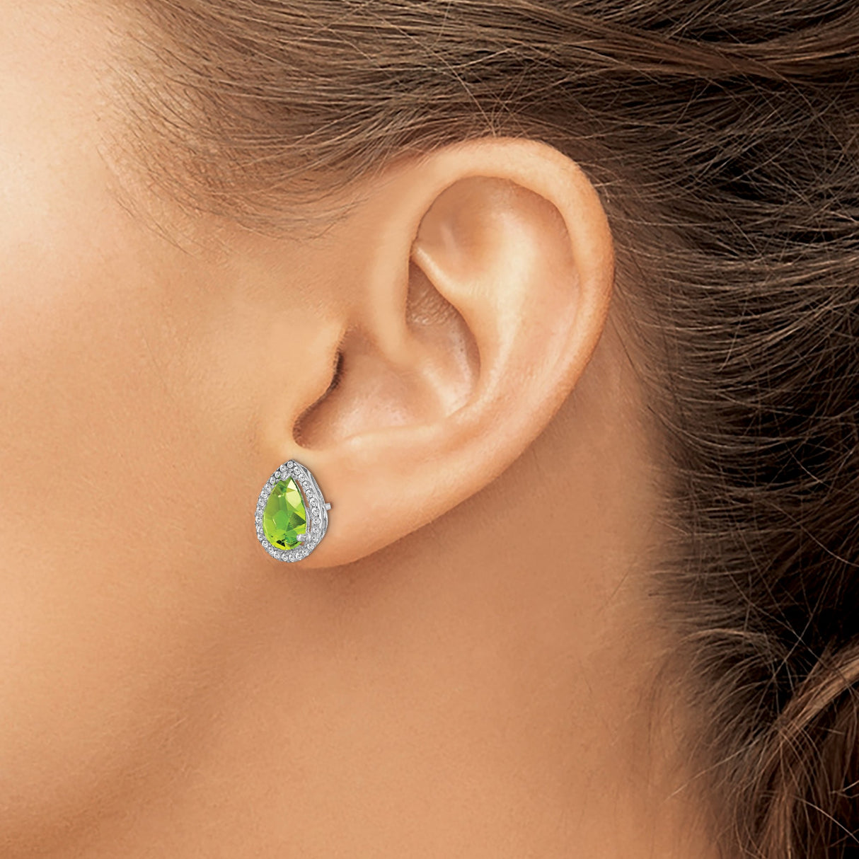 Sterling Silver Pear Shaped Stud Earrings Green Gem CZ Halo