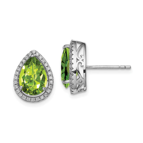 Sterling Silver Teardrop Stud Earrings with Green Gemstone and CZ Halo, Pear Shaped Stone with Filigree Detail, Elegant Jewelry for Women, Formal Silver Earrings, Sophisticated Evening Studs