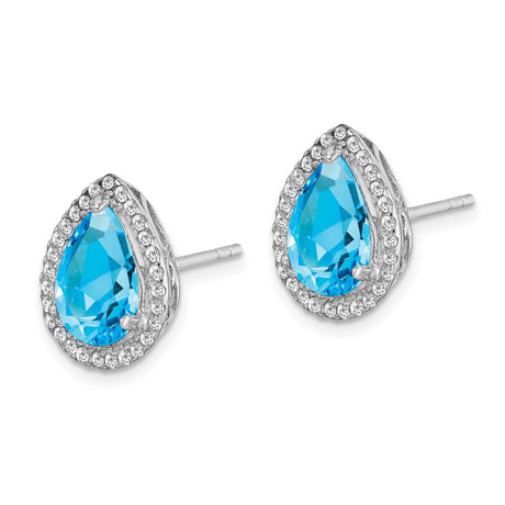 Sterling Silver Teardrop Stud Earrings With Blue CZ Halo