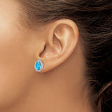 Sterling Silver Teardrop Stud Earrings With Blue CZ Halo