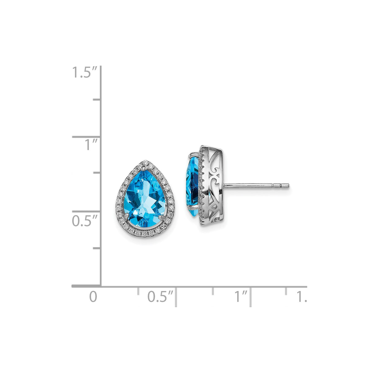 Sterling Silver Teardrop Stud Earrings With Blue CZ Halo