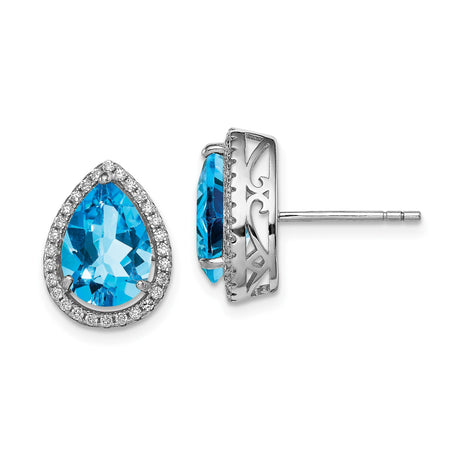 Sterling Silver Teardrop Stud Earrings for Women with Blue Gemstone Center and Cubic Zirconia Halo, Filigree Detailed Sides, Polished Silver Finish, Elegant Design for Formal or Daily Wear