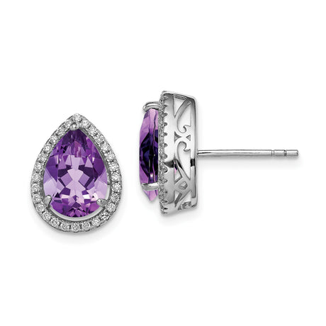 Sterling Silver Teardrop Stud Earrings for Women with Faceted Amethyst Tone Stones, Halo Crystal Setting, Vintage Filigree Design, Polished Silver Finish, Elegant Statement for Formal Wear