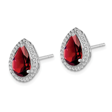 Sterling Silver Teardrop Stud Earrings CZ Halo Red Pear Gem