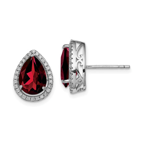Sterling Silver Teardrop Stud Earrings with Deep Red Pear Gemstone and CZ Halo, Filigree Detail Earrings for Women, Elegant Formal Jewelry, Vintage Style Studs for Evening and Special Occasions
