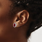 Sterling Silver Teardrop Stud Earrings With Red Gem Halo