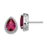 Sterling Silver Teardrop Stud Earrings for Women with Faceted Red Gemstone Center, Clear Accent Halo Stones, Ornate Side Gallery, Classic Jewelry Style, Fine Silver Posts for Formal Wear
