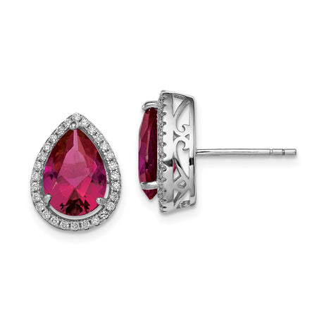 Sterling Silver Teardrop Stud Earrings for Women with Faceted Red Gemstone Center, Clear Accent Halo Stones, Ornate Side Gallery, Classic Jewelry Style, Fine Silver Posts for Formal Wear