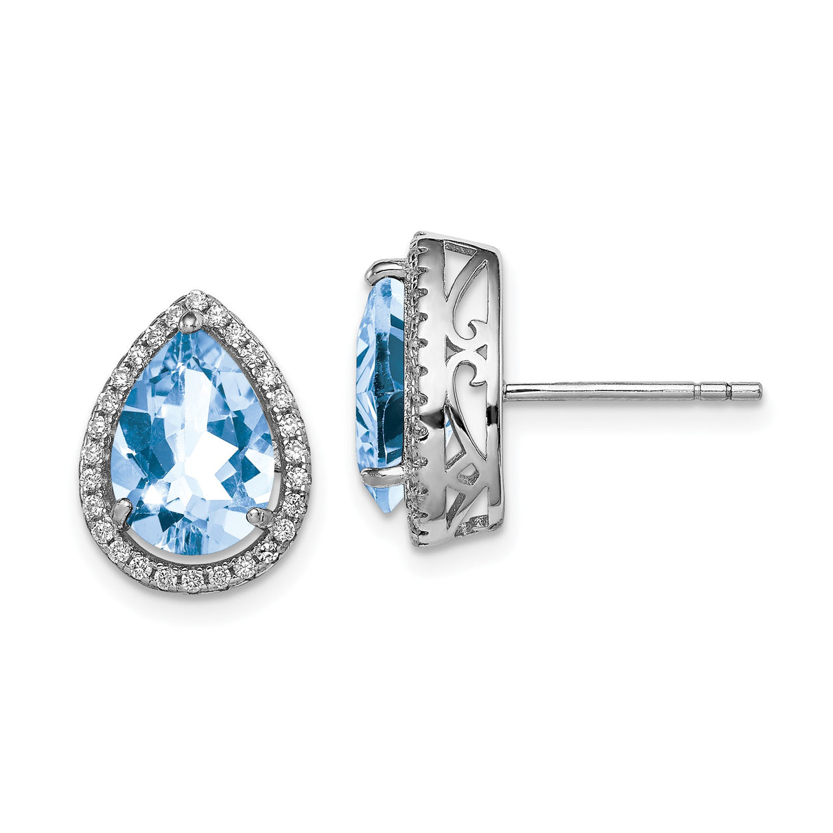 Sterling Silver Teardrop Earrings with Cubic Zirconia and Aquamarine, Vintage Filigree Design for Women