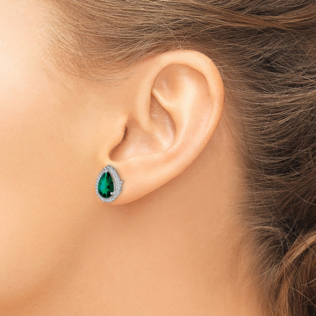 Sterling Silver Teardrop Stud Earrings with Green Gemstone and Cubic Zirconia Halo