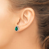 Sterling Silver Teardrop Stud Earrings with Green Gemstone and Cubic Zirconia Halo