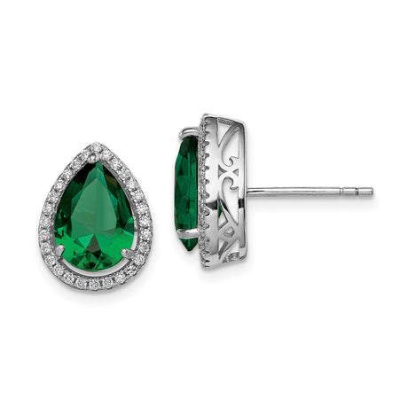 Sterling Silver Teardrop Stud Earrings with Pear Shaped Green Gemstone and Clear Halo Stones, Vintage Filigree Detailing, Elegant Formal Jewelry for Women, Statement Silver Evening Studs