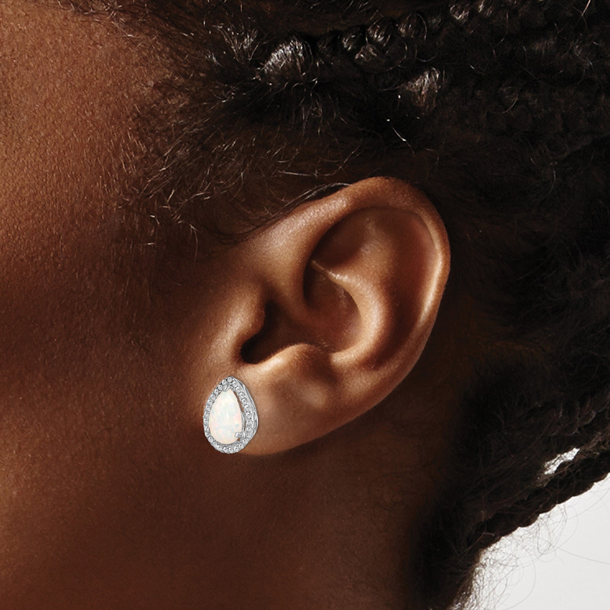 Sterling Silver Teardrop Stud Earrings with White Opal and Cubic Zirconia Halo