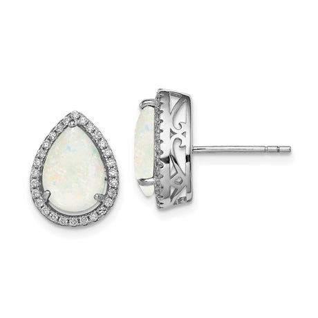 Sterling Silver Teardrop Stud Earrings with White Opal Center and Cubic Zirconia Halo, Filigree Detailing, Dainty Feminine Design, Elegant Silver Jewelry for Women, Formalwear Opal Studs