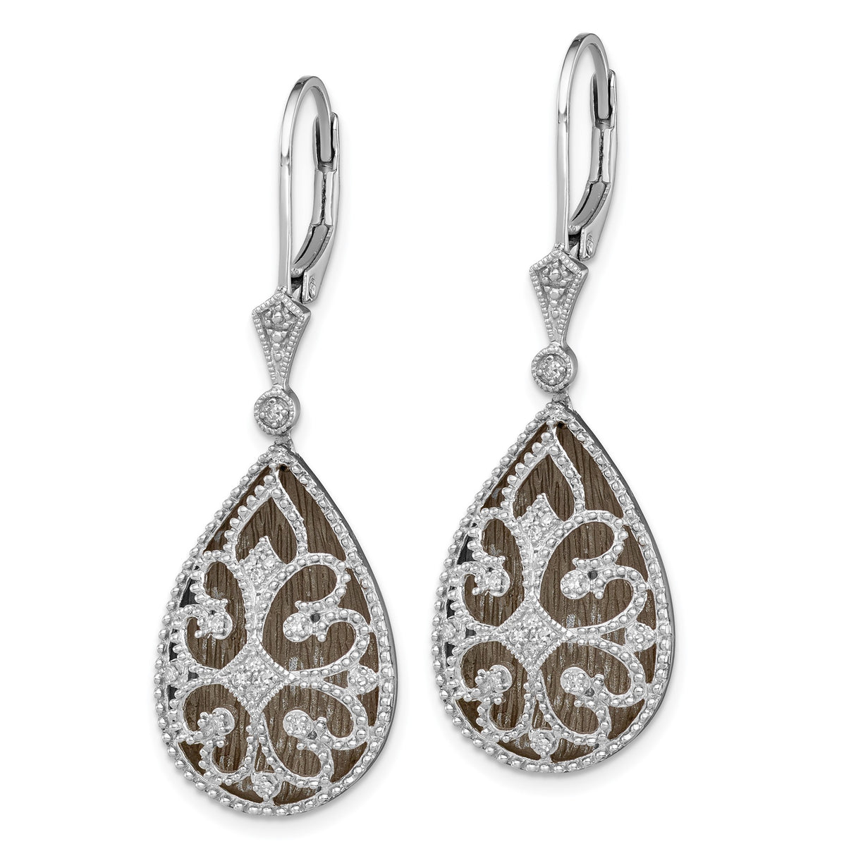 Sterling Silver Teardrop Dangle Earrings with Diamond, Filigree Scrollwork, Milgrain Detailing