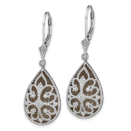 Sterling Silver Teardrop Dangle Earrings with Diamond, Filigree Scrollwork, Milgrain Detailing