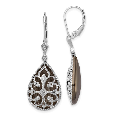 Sterling Silver Teardrop Dangle Earrings with Diamond, Filigree Scrollwork, Milgrain Detailing