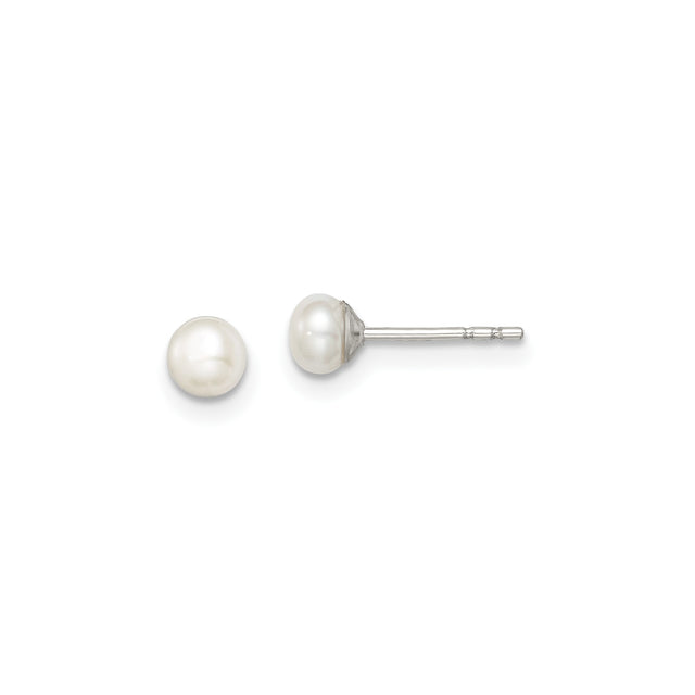 Sterling Silver Pearl Stud Earrings with Round White Freshwater Pearls, Classic Design