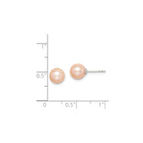 Sterling Silver Stud Earrings with Round Peach Freshwater Cultured Pearls, Minimalist Design