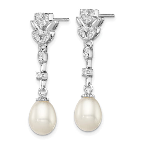 Sterling Silver Drop Earrings with Cubic Zirconia and Teardrop Freshwater Pearls, Floral Vintage Style