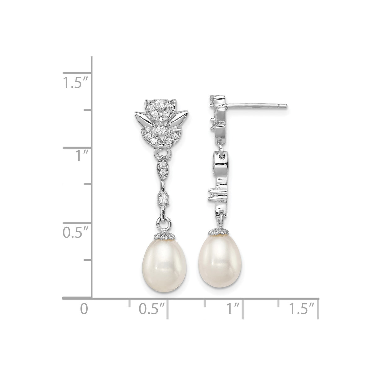 Sterling Silver Drop Earrings with Cubic Zirconia and Teardrop Freshwater Pearls, Floral Vintage Style