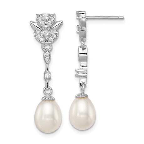 Sterling Silver Drop Earrings with Cubic Zirconia and Teardrop Freshwater Pearls, Floral Vintage Style