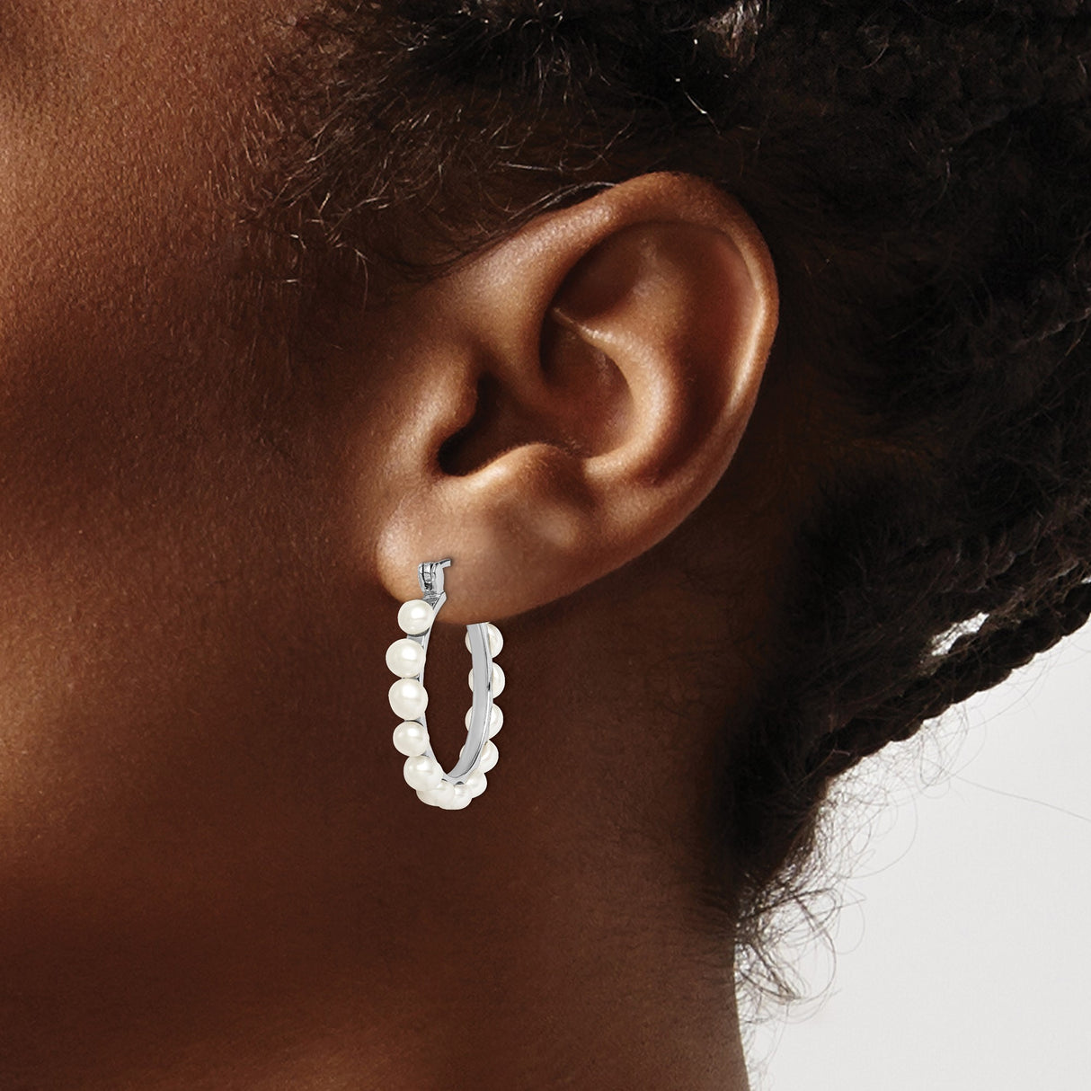 Sterling Silver Hoop Earrings with White Freshwater Cultured Pearls, Classic Design