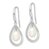 Sterling Silver Dangle Earrings with White Freshwater Pearls, Teardrop Open Frame Design