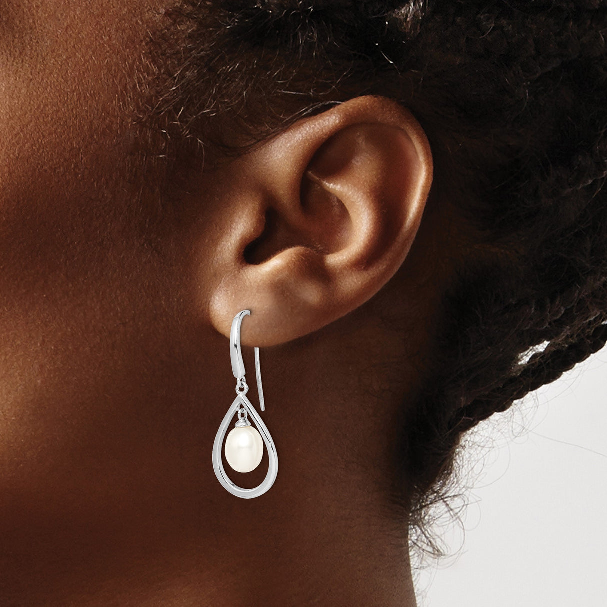 Sterling Silver Dangle Earrings with White Freshwater Pearls, Teardrop Open Frame Design