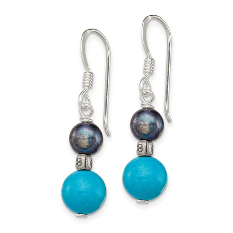 Sterling Silver Dangle Earrings with Turquoise and Freshwater Pearls, Boho Handmade Style
