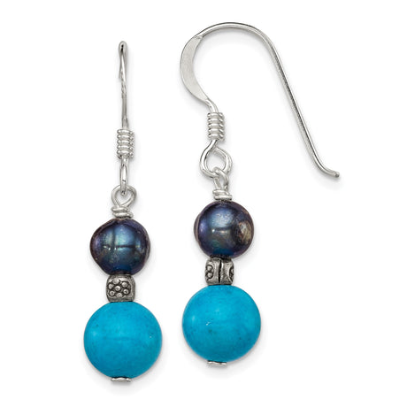 Sterling Silver Dangle Earrings with Turquoise and Freshwater Pearls, Boho Handmade Style