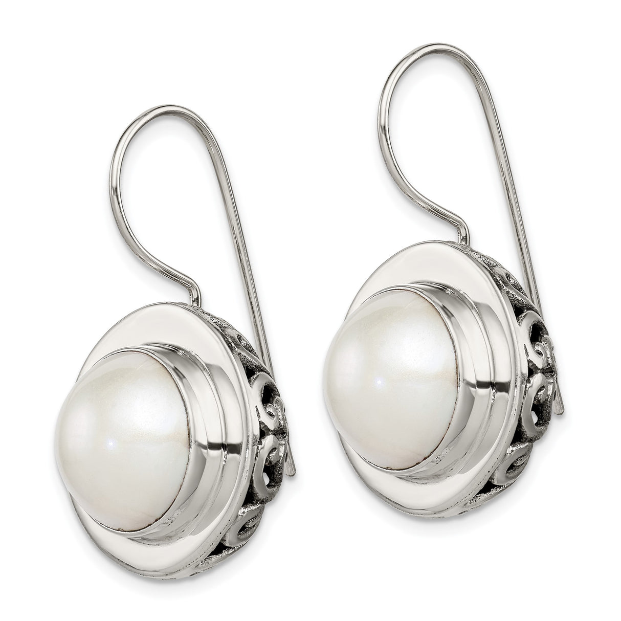 Sterling Silver Dangle Earrings with Round White Pearls, Vintage Filigree Scroll Design