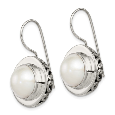 Sterling Silver Dangle Earrings with Round White Pearls, Vintage Filigree Scroll Design