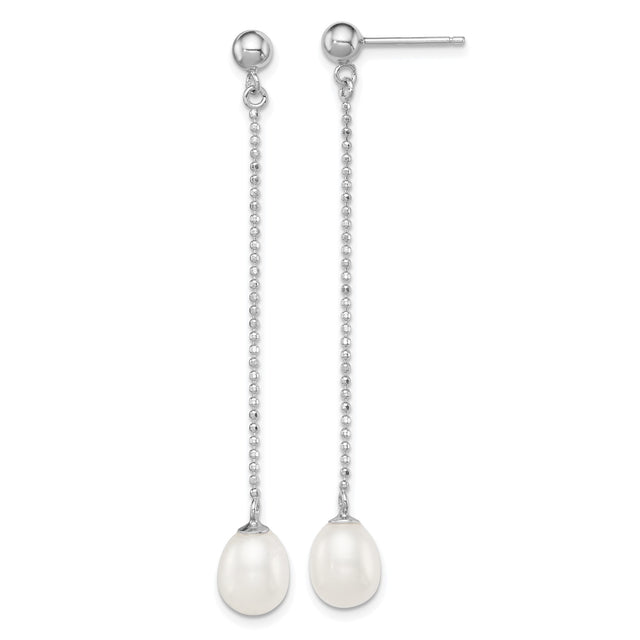 Sterling Silver Drop Earrings with White Freshwater Pearls, Beaded Chains, Teardrop Dangle Design