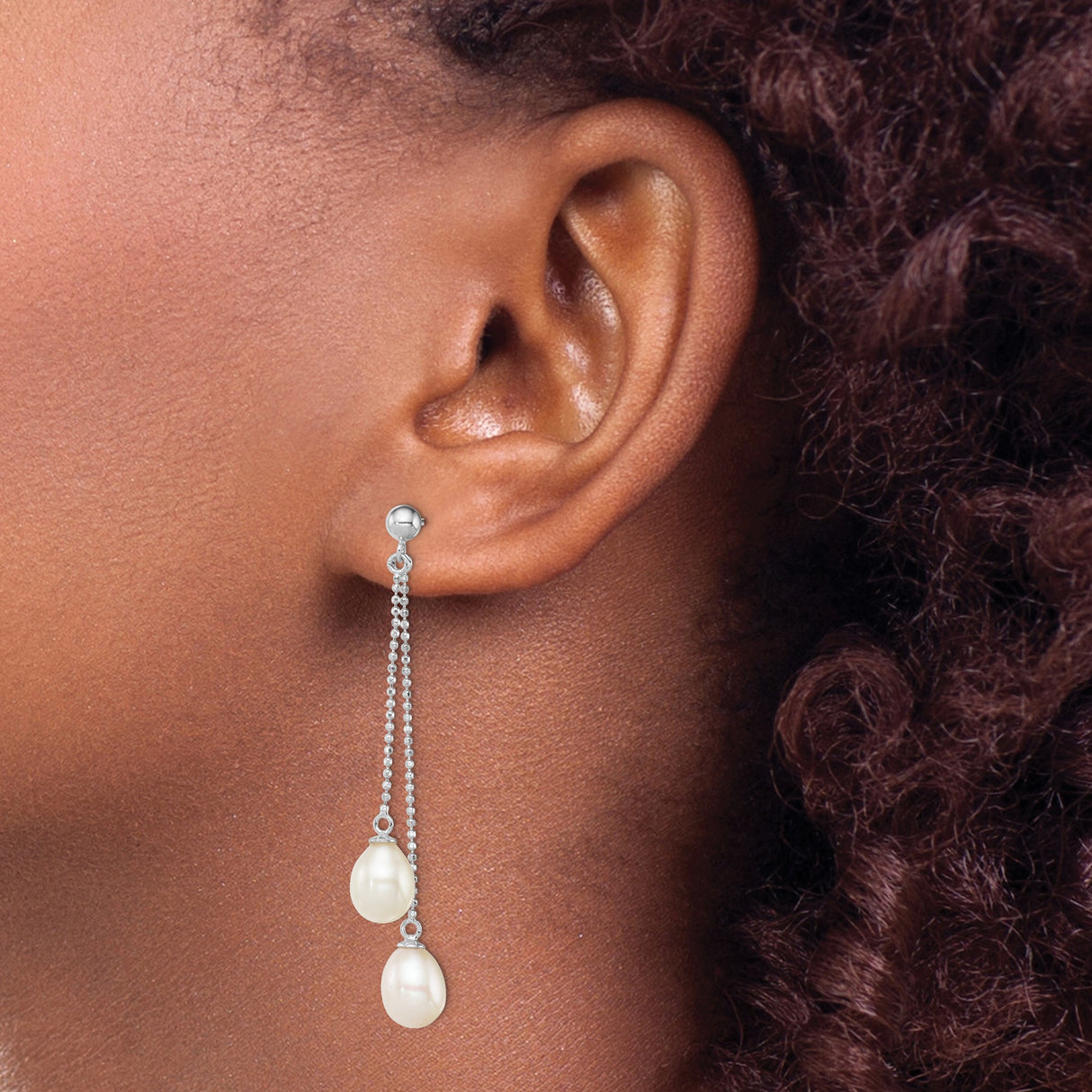 Sterling Silver Drop Earrings with Freshwater Cultured Pearls, Bead Chain Dangle Design