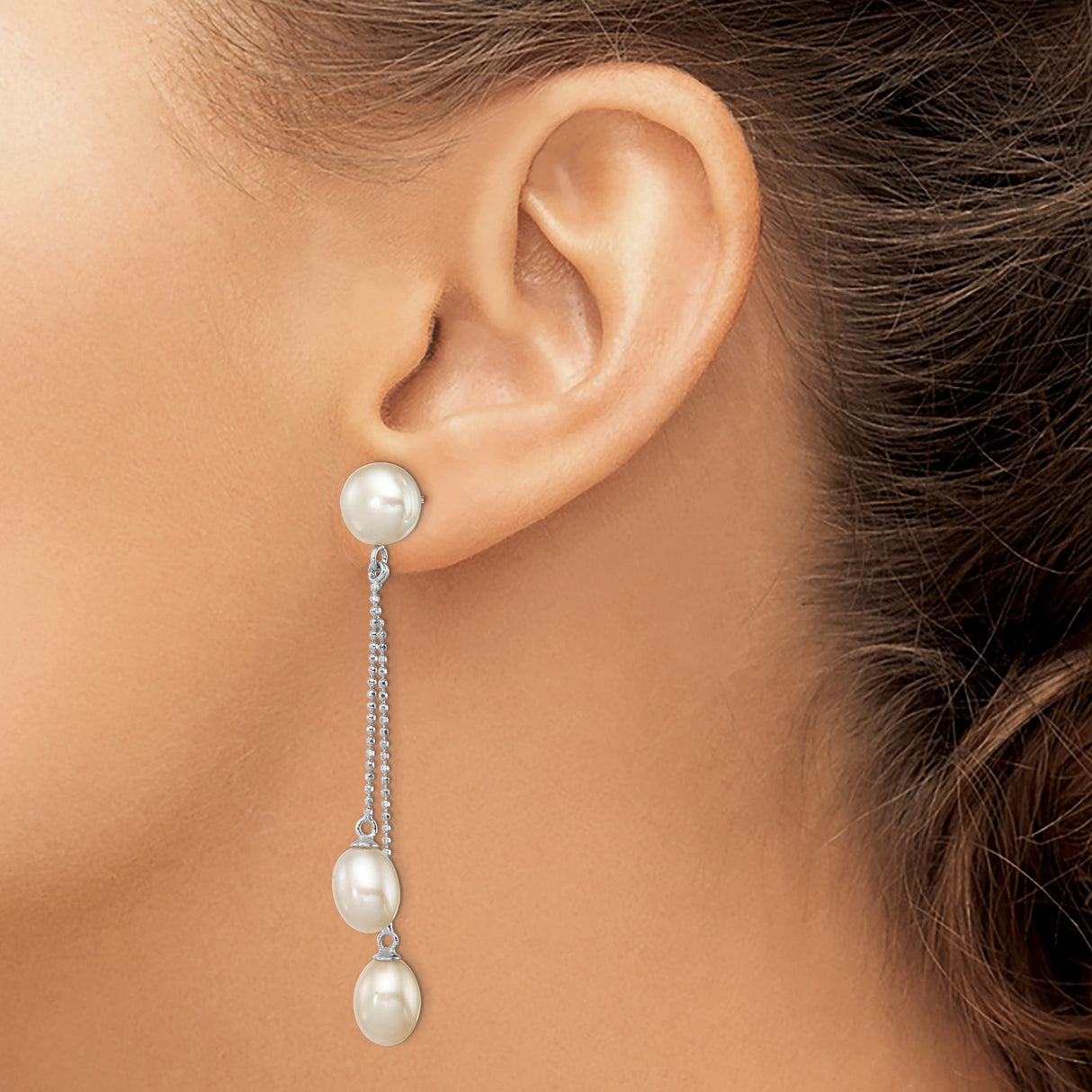 Sterling Silver Dangle Earrings with White Freshwater Pearls, Double Chain Drop Design