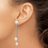 Sterling Silver Dangle Earrings with White Freshwater Pearls, Double Chain Drop Design