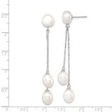 Sterling Silver Dangle Earrings with White Freshwater Pearls, Double Chain Drop Design