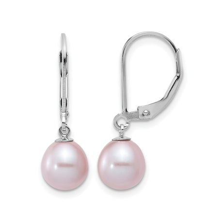 Sterling Silver Leverback Drop Earrings with Pink Freshwater Cultured Pearls, Dangle Design