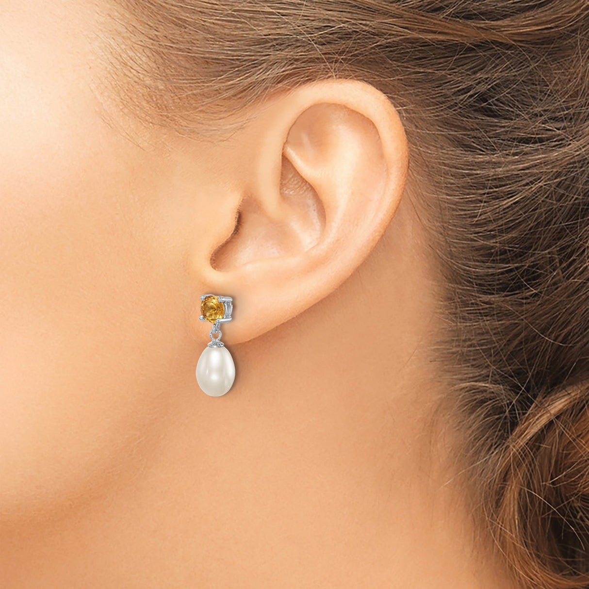 Sterling Silver Drop Earrings with Pearl and Citrine, Teardrop Dangle Design for Women
