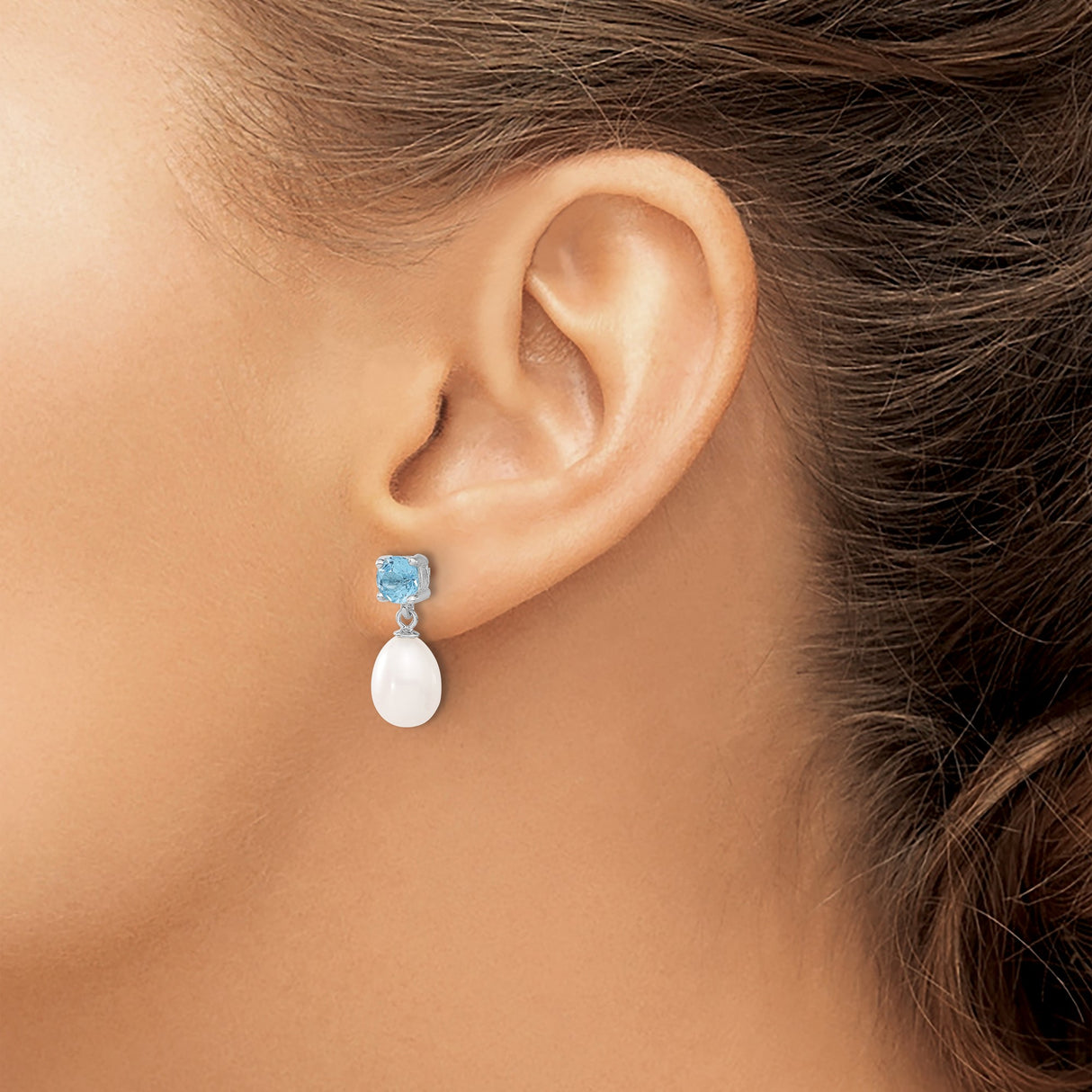 Sterling Silver Dangle Earrings with Freshwater Pearls and Sky Blue Topaz