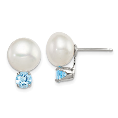 Sterling Silver Stud Earrings with Round White Freshwater Cultured Pearls and Light Blue Topaz Gemstones, Elegant Bridal Jewelry for Women, Delicate Minimalist Style for Formal or Daily Wear