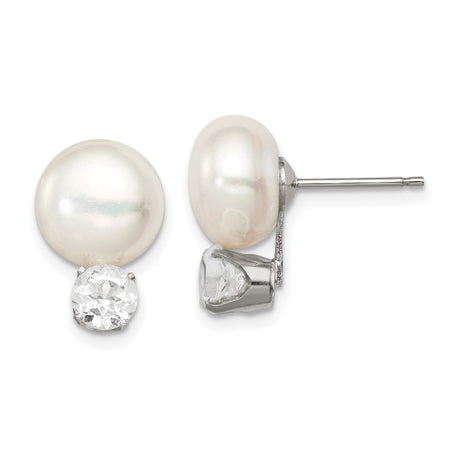 Sterling Silver Pearl Stud Earrings with White Freshwater Pearls and Cubic Zirconia