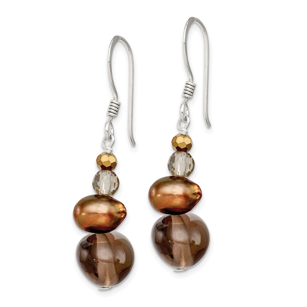 Sterling Silver Dangle Earrings with Freshwater Pearls and Smoky Quartz, Boho Cluster Design