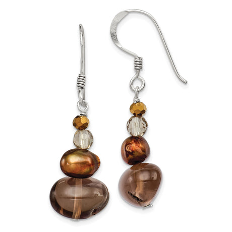 Sterling Silver Dangle Earrings with Freshwater Pearls and Smoky Quartz, Boho Cluster Design