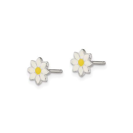 Sterling Silver Daisy Flower Stud Earrings with White Enamel Petals and Yellow Center