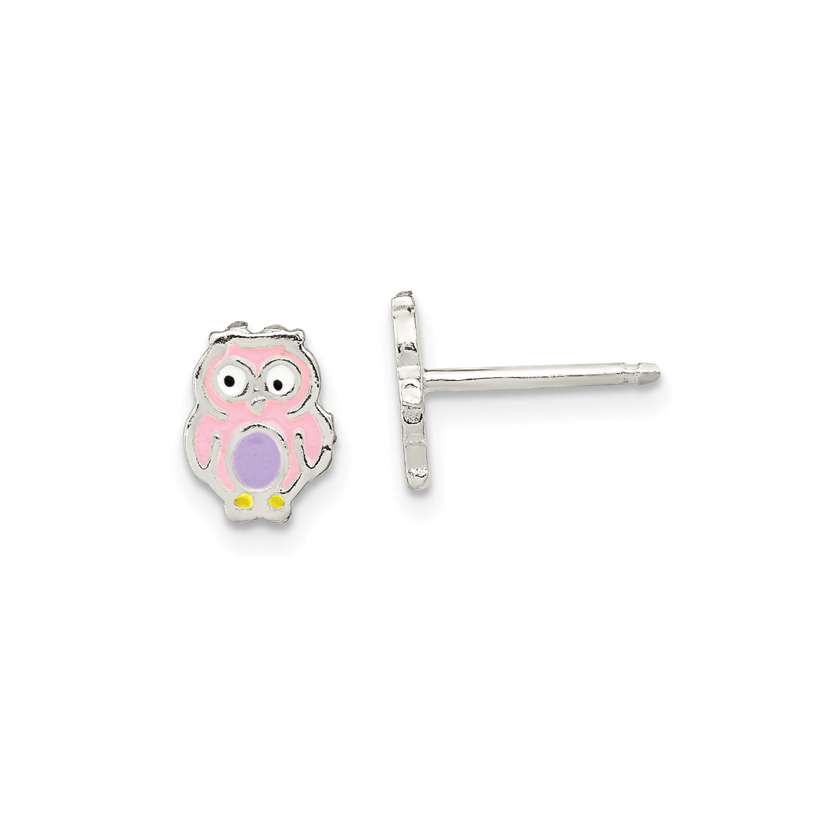 Sterling Silver Owl Stud Earrings with Pink and Purple Enamel Accents for Girls and Teens